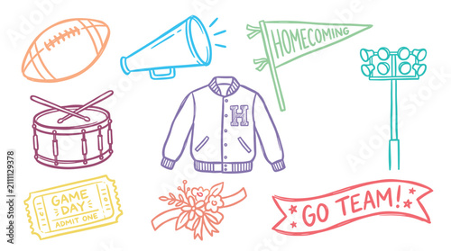 Colorful hand-drawn illustrations of school spirit and sports event items like a football, megaphone, pennant, and letterman jacket.