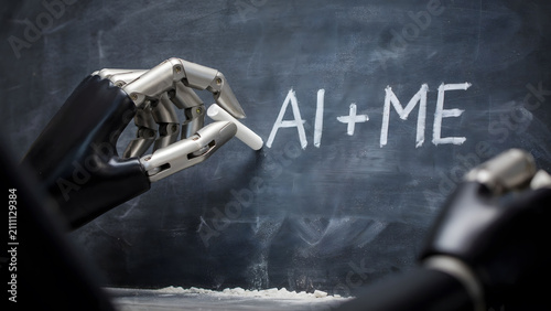 Robotic hand writing AI plus ME on a chalkboard in a futuristic classroom