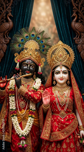 Statues of Hindu deities Radha and Krishna adorned in opulent gold attire and floral garlands, symbolizing divine love, spirituality, and rich cultural heritage.