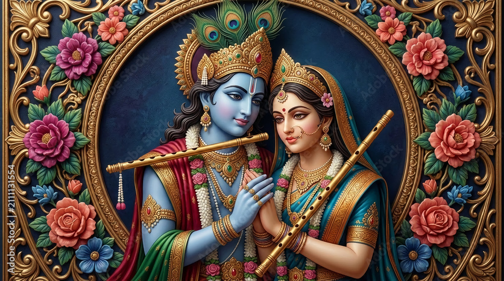 Obraz premium Religious artwork of deities with peacock feathers and floral ornamentation, symbolizing divine love and spirituality, suitable for cultural or spiritual themes