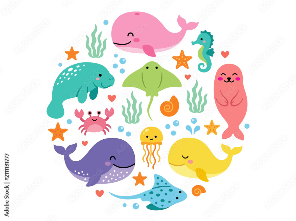 Obraz premium Cute Kawaii Sea Creatures Circle Illustration with Whale, Seal, and Manatee
