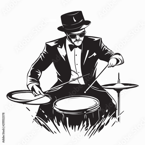 Canvas Print Drummer Wearing Suit And Fedora Hat Playing Drums Vector Illustration