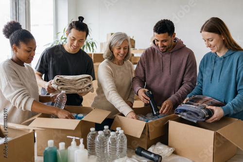 Volunteers Packing Aid Boxes: A diverse group of smiling volunteers diligently packs essential supplies into cardboard boxes, demonstrating community spirit and a commitment to helping others in need.