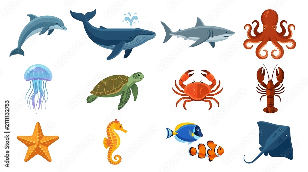 Fototapeta premium Marine animals vector collection featuring aquatic sea life icons like whale, shark, and turtle isolated on white