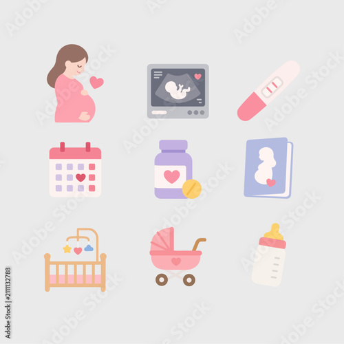 Pregnancy and Childbirth Preparation Icon Set with Pregnant Woman
