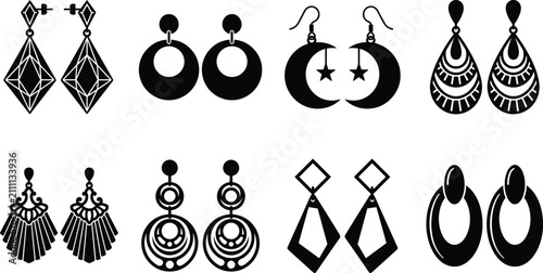 Schilderij op canvas Assorted black silhouette earrings collection, various shapes including hoops, d