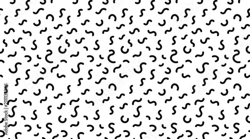 Black and white seamless pattern with hand-drawn wavy lines and curved shapes on a clean white background