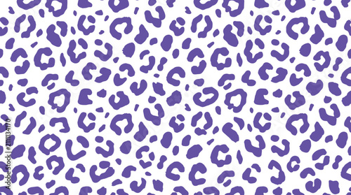 Seamless animal print pattern featuring purple leopard spots on a clean white background surface