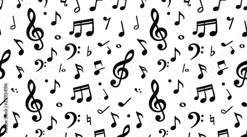 Seamless pattern of black musical notes, treble clefs, and bass clefs on a white background, for musical themes