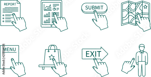 User interaction icons with hands for digital processes online tasks and application navigation including report tablet submit map menu shopping and exit.