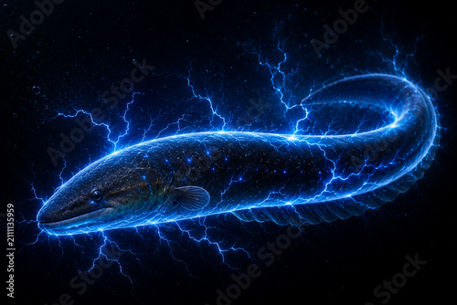 Dramatic Electric Eel Surrounded by Glowing Blue Lightning Plasma Discharge and Bioluminescent Aura on Dark Black Background Digital Art