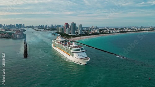 January 2, 2025 - Miami Beach, Florida: Aerial view Cruise ship independence of the seas sailing next to Miami South Beach. . independence of the seas is Royal Caribbean cruise ship sailing near South