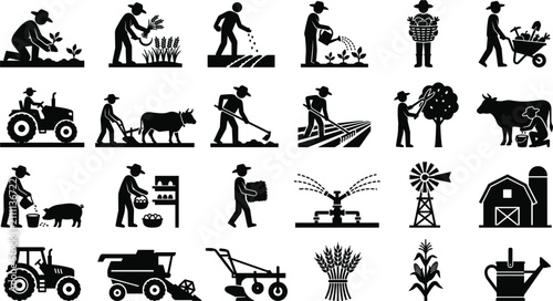 Black silhouette agriculture farming icon set featuring farmer, tractor, animal, crop, barn, and harvesting equipment