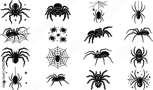 Tableau sur toile Spooky black spider, creepy cobweb, and tarantula vector silhouette icon collect