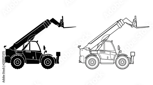 Canvastavla Telescopic handler silhouette on a white background linear illustration
