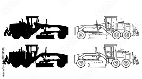 Cuadro en lienzo Motor Grader Silhouette And Line Art On White Background