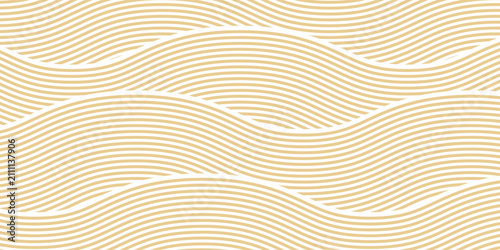 Abstract gold wave line pattern background, Japanese style seamless aesthetic curved lines wallpaper, elegant minimal vector texture for packaging, cover design, or banner