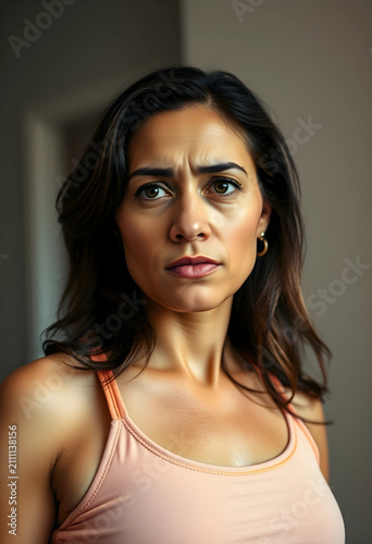 Anxious woman in activewear close-up portrait