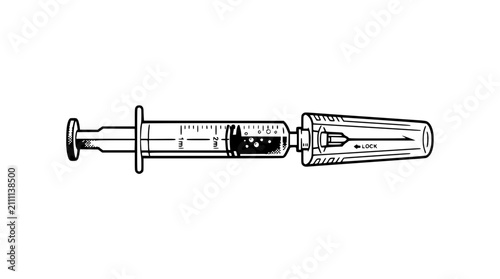 Schilderij op canvas Medical Syringe with Needle and Cap - Black and White Vector Illustration