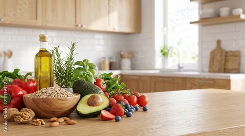 Fresh Healthy Mediterranean Diet Ingredients on Wooden Kitchen Countertop