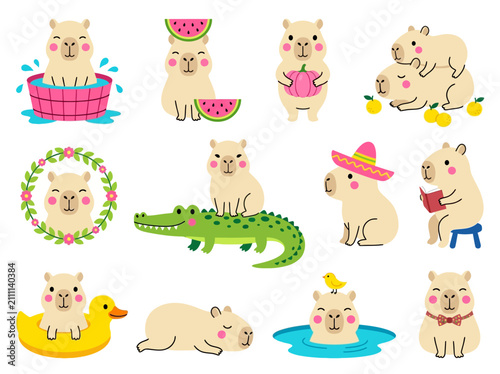Schilderij op canvas Kawaii Capybara Sticker Set: Cute Cartoon Animal Illustrations in Various Playfu