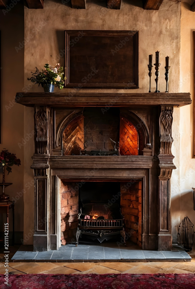 Obraz premium Old wooden fireplace interior with burning fire and decorative candles