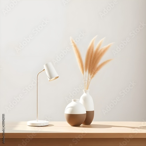 Two minimalist ceramic vases filled with dried pampas grass are arranged beside a sleek white desk lamp on a bright white surface. Soft natural light and clean lines create a calm, elegant, and modern