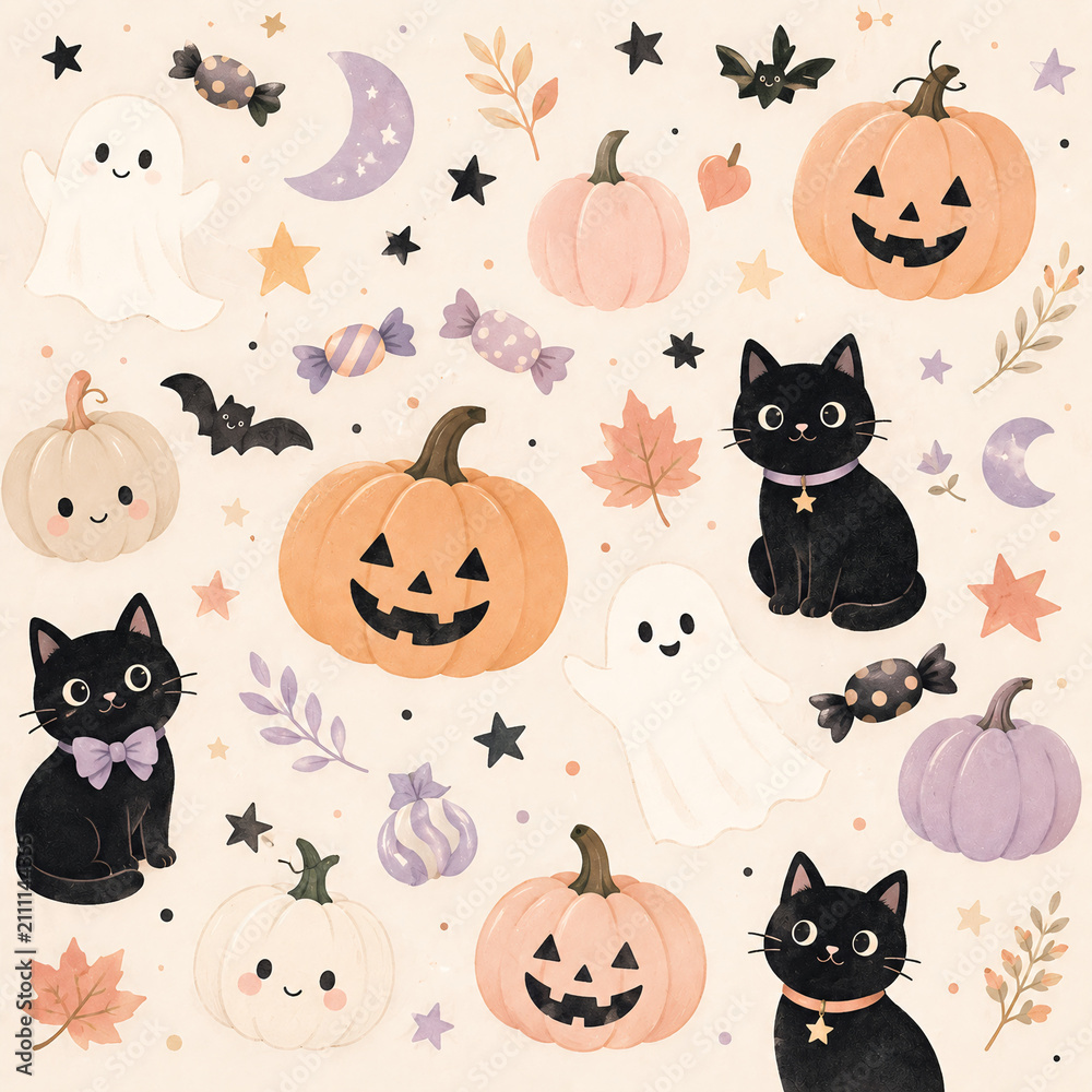 Fototapeta premium Cute Pastel Halloween Pattern with Black Cats, Pumpkins, Ghosts, Bats and Candy