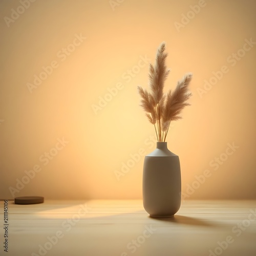 A slender white ceramic vase holding a few dried pampas stems stands against a softly illuminated warm background. The minimalist composition emphasizes simplicity, balance, and elegant contemporary h