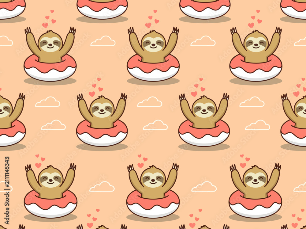 Fototapeta premium Cute Kawaii Sloth in Donut Floating Seamless Pattern Background
