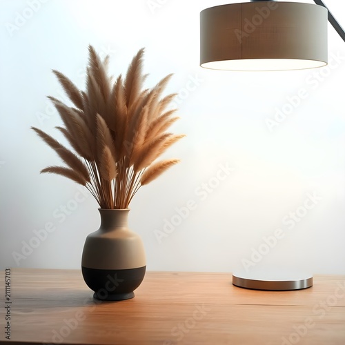 A matte ceramic vase filled with soft dried pampas grass sits on a light wooden surface beneath a modern pendant lamp. Bright natural light and clean neutral tones create a fresh Scandinavian-inspired