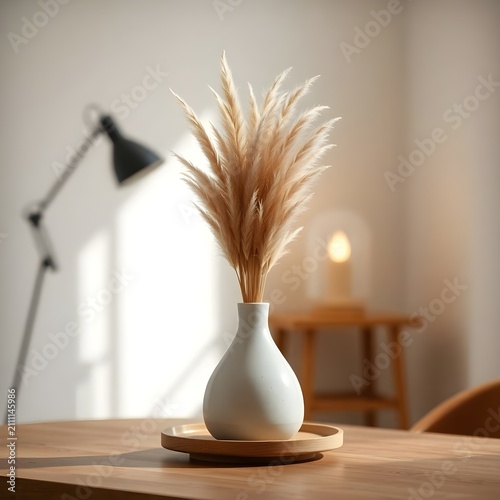 A white ceramic vase overflowing with soft dried pampas grass is placed beside a modern black adjustable desk lamp. Bright daylight from a nearby window fills the room, creating a fresh, elegant, and 
