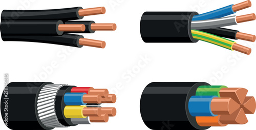 Electrical Cable and Copper Wire Vector Set Featuring Stripped Power Cords with Multi Core Conductors for Industrial Electricity and Engineering Designs