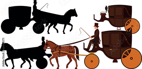 Canvas Print PrintVintage Horse Drawn Carriage Vector Set Featuring Historical Coach Silhouet
