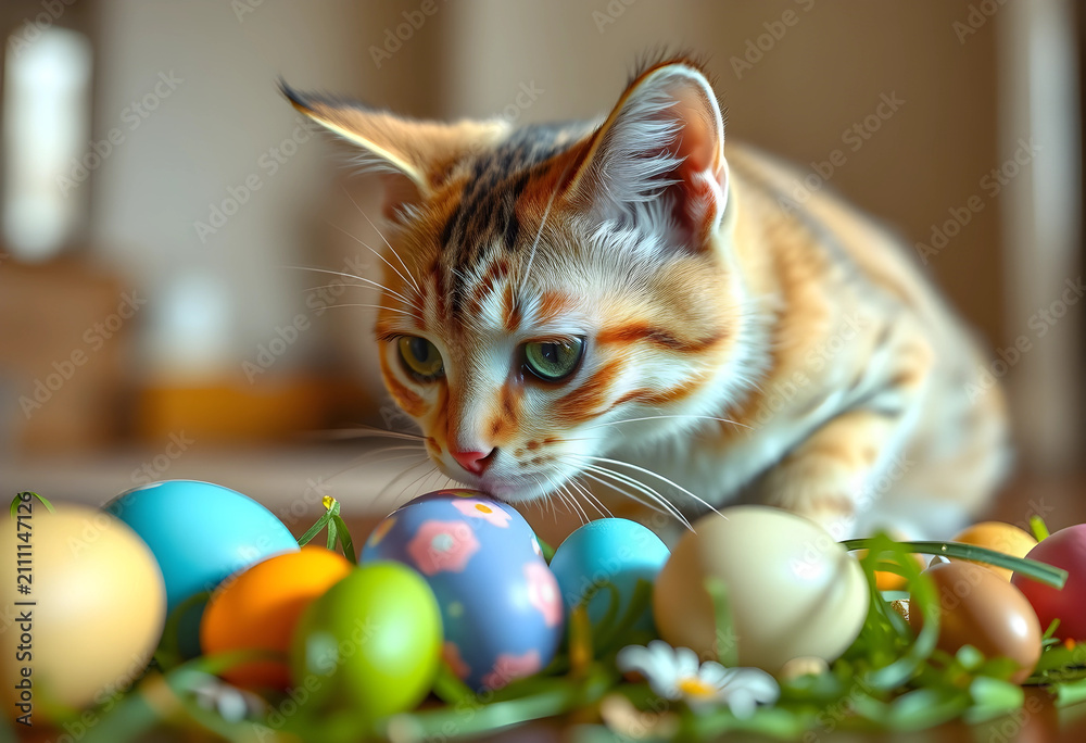 Obraz premium Curious cat sniffing colorful Easter eggs indoors