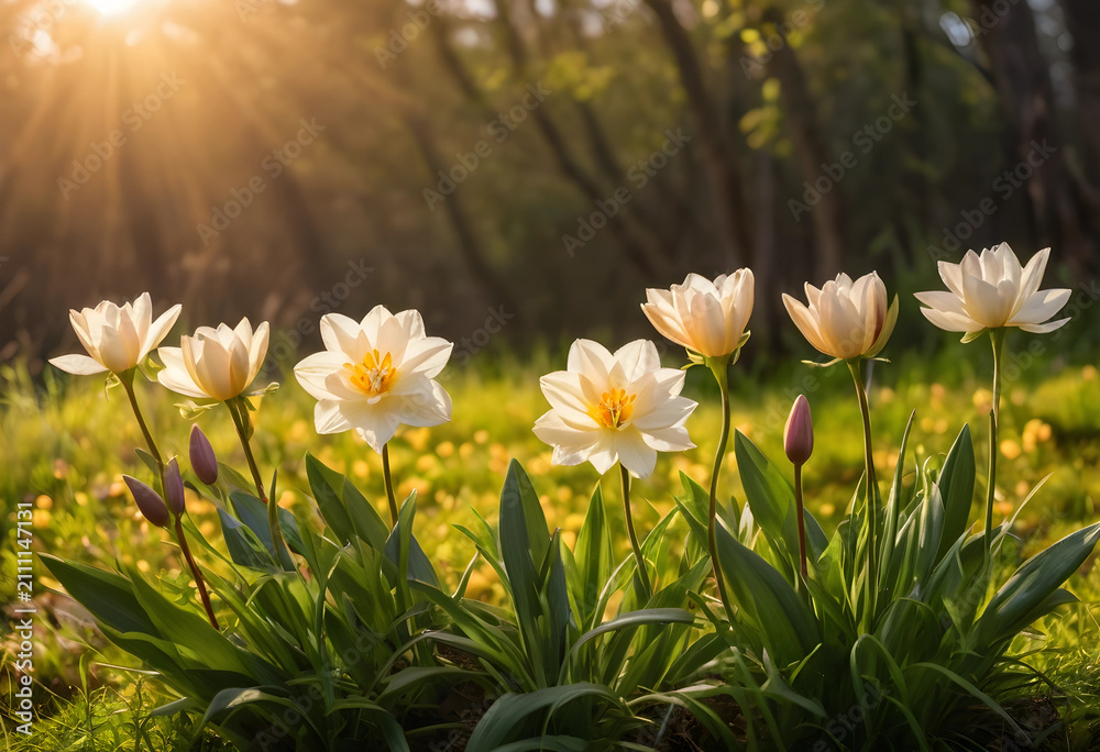 Obraz premium White tulip flowers blooming in golden hour sunlight