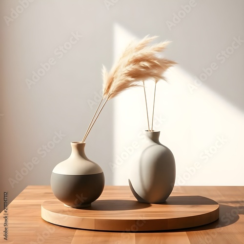 Two decorative ceramic vases featuring dried pampas grass are arranged on a wooden table in bright natural light. The minimalist composition highlights soft textures, neutral colors, and elegant Scand