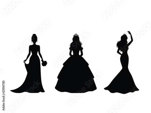 Foto Set of three silhouettes of brides in different wedding dresses isolated on whit