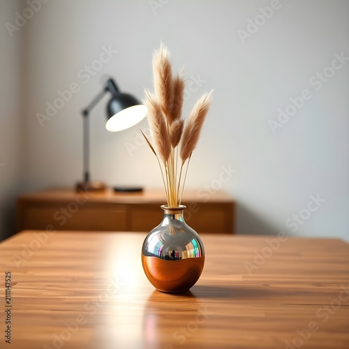 A small glossy brown glass vase holding several dried pampas stems sits on a wooden table with a modern black desk lamp in the background. The soft focus and warm lighting create a cozy, elegant, and 