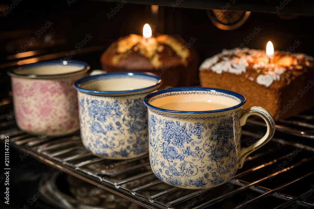 Fototapeta premium Warm mugs and festive cakes with lit candles inside an oven