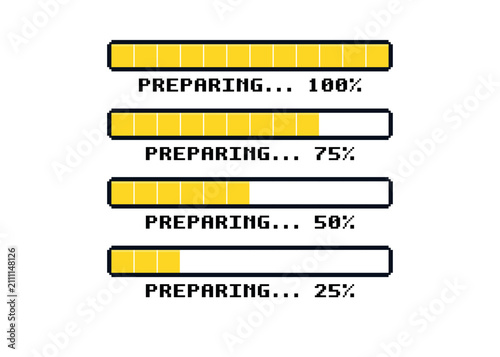 Digital pixel loading screen with progress bars. Visual representation of data processing and system updates.