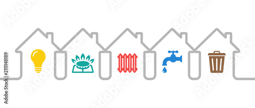 Residential utility icons in house outlines, home energy and service symbols, vector set