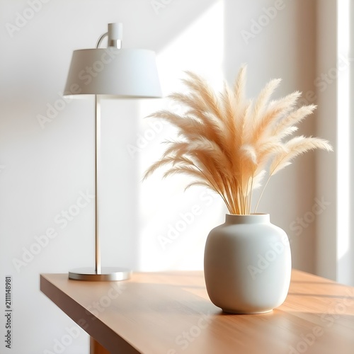 A white ceramic vase filled with soft, feathery dried pampas grass sits on a wooden table beside a modern white floor lamp. Bright natural sunlight streams through the room, creating warm shadows and 