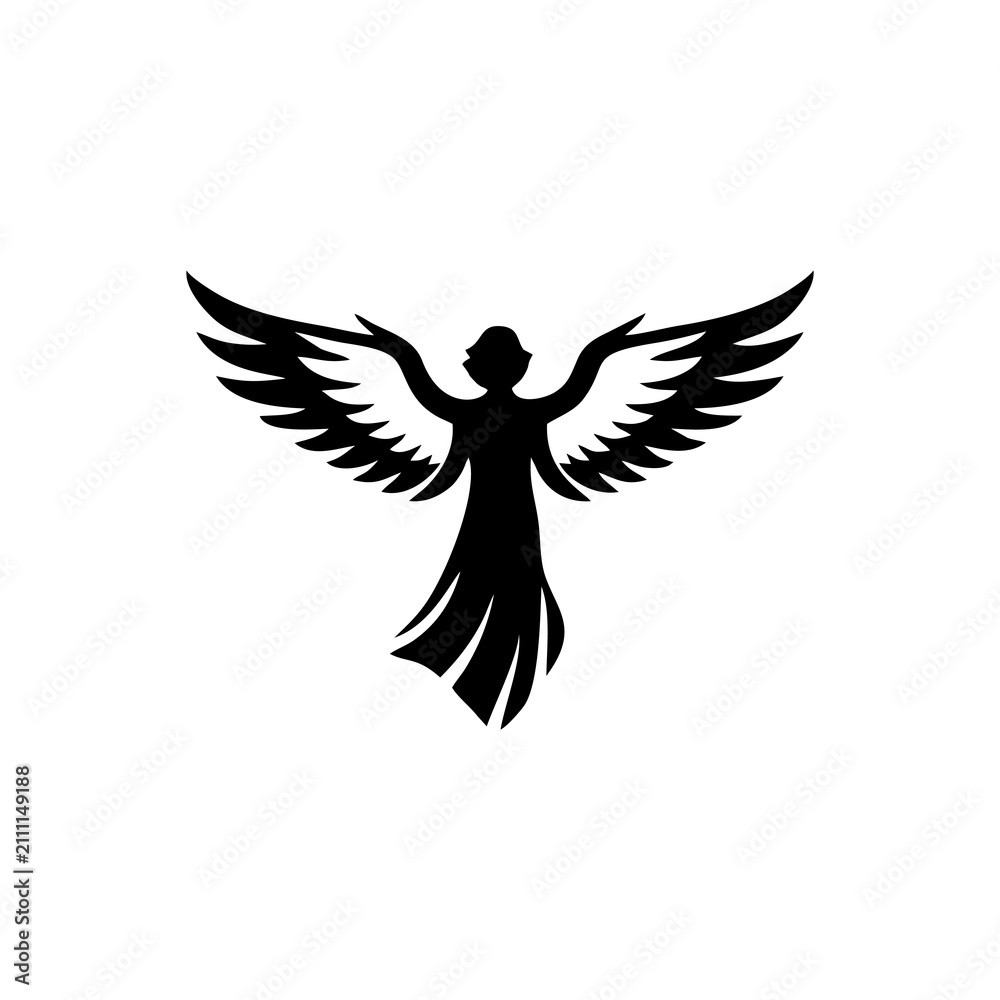 Fototapeta premium Black silhouette of an angel with spread wings isolated on a white background.