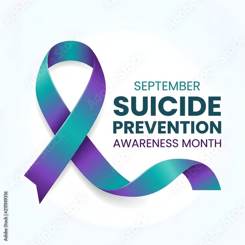A teal and purple awareness ribbon representing september suicide prevention awareness month on a soft light background design template