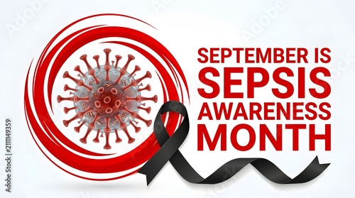 September is sepsis awareness month conceptual graphic design featuring a stylized virus illustration and a black awareness ribbon symbol