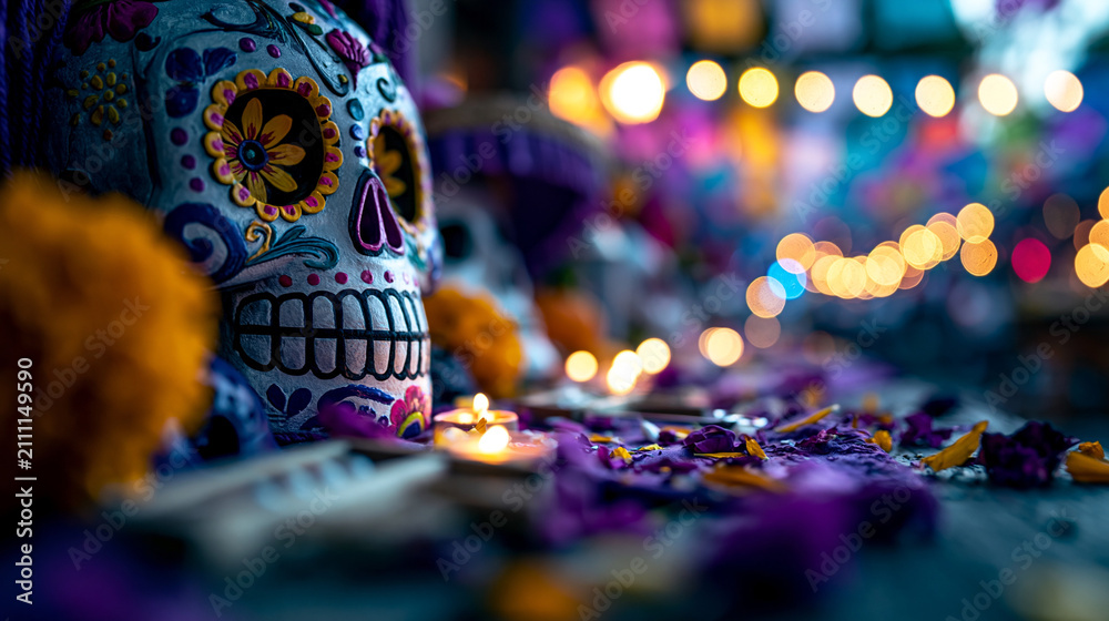Obraz premium Decorative sugar skull for day of the dead celebration with candles and flowers