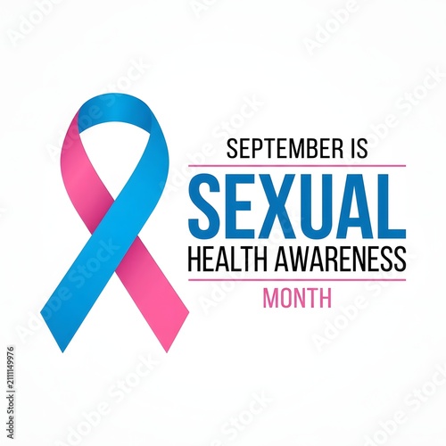 September is sexual health awareness month text with a blue and pink ribbon symbol on a clean white background
