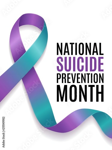National suicide prevention month awareness banner with a teal and purple ribbon symbol on a clean white background design