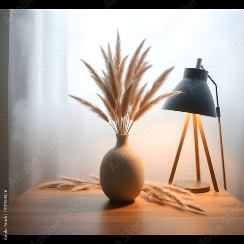 A matte brown ceramic vase filled with dried pampas grass is placed beside a modern black desk lamp. Warm indoor lighting and soft curtains in the background create a comfortable and inviting contempo